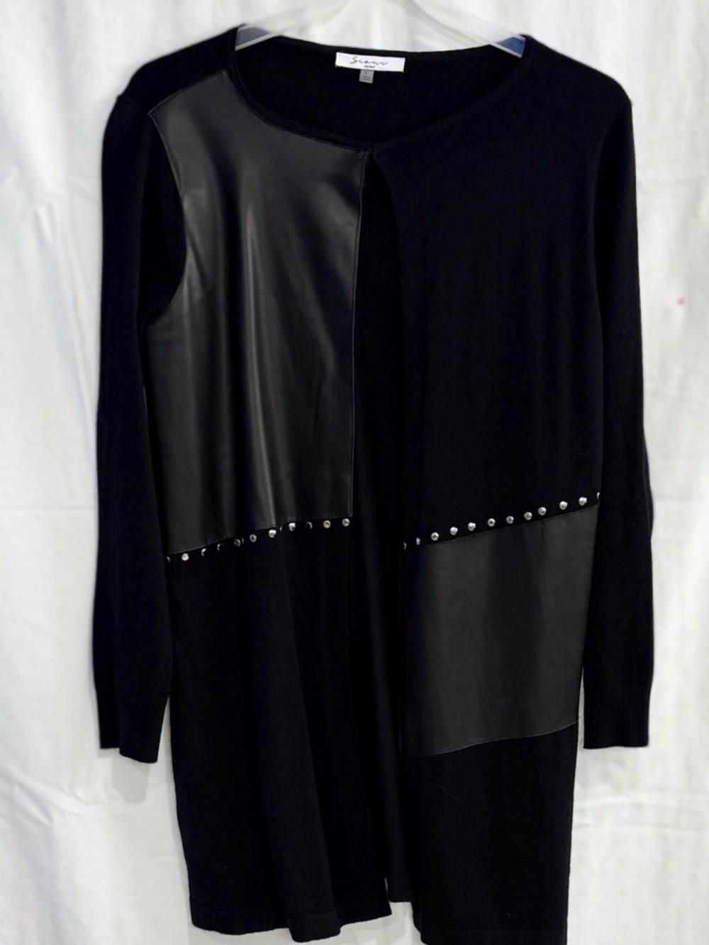 Sioni Long Elegant Black open Cardigan  with Faux Leather Details, gorgeous!